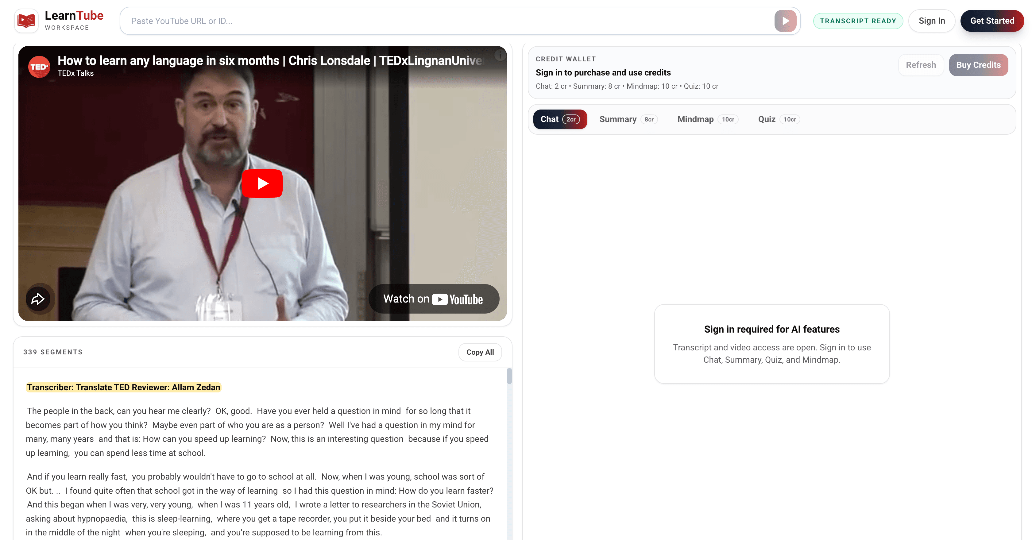 Pratinjau ruang belajar LearnTube untuk transkrip dan fitur AI